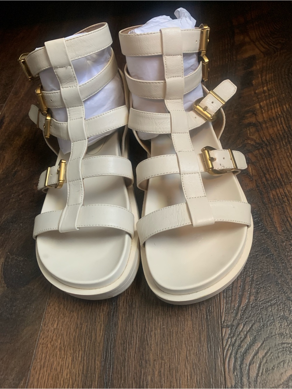 AEROSOLES Cream Strappy Gladiator Sandals with Gold Buckles